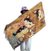 Designer Cat Pattern Cashmere Scarf Women Winter Warm Blanket Poncho Ladies Luxury Oil Painting Pashmina Shawl Plus Size 195cm