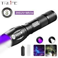 Dual Light Source Zoom Flashlight LED Purple Light 395NM Lamp Banknote Detection UV Ultraviolet Scorpion Lamp Fluorescent Detect Rechargeable Flashlig