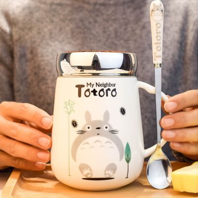 【High-end cups】เซรามิกสร้างสรรค์ความจุขนาดใหญ่น่ารักการ์ตูน Totoro คนรักแก้วกาแฟที่มีฝาปิดและช้อนสำนักงานน้ำชาถ้วยของขวัญวันเกิด
