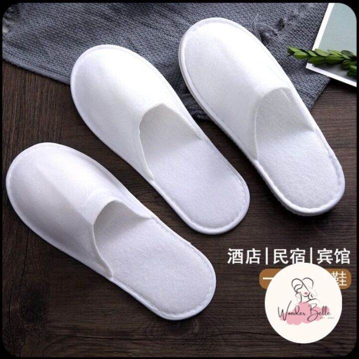 [Ready Stock] 1 Pairs White Toweling Open Closed Toe Hotel Slippers Spa