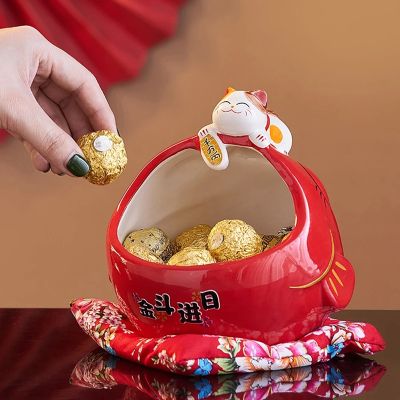 Ceramic Lucky Cat Candy Box Cute Lucky Cat Storage Box Money Box Chinese Home Decor for Attract Wealth and Good Luck
