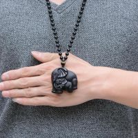 ZZOOI Natural Obsidian Carved Elephant Necklace for Women and Men God of Wealth Luck Pendants Black Obsidian Necklace Chain Gifts