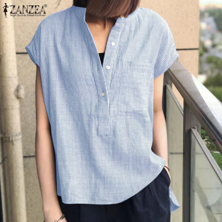 Zanzea เสื้อลำลองลายทางฤดูร้อนแขนสั้นของผู้หญิงสไตล์เกาหลีเสื้อวันหยุดสูงต่ำเฮม  #8 | Lazada.Co.Th