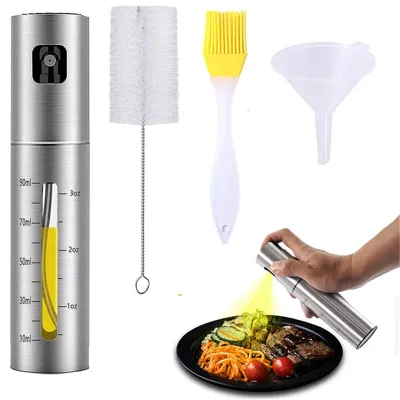 Stainless Steel Oil Spray Bottle Olive Oil Sprayer Dispenser with Oil Funnel Brush Cleaning Brush for BBQ Kitchen Cooking Tools