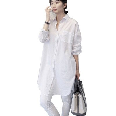 เสื้อผู้หญิงผ้าฝ้ายสีขาว-เสื้อตัวหลวมสไตล์เกาหลีเสื้อลำลองแขนยาว
