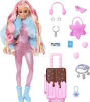 Barbie Extra Fly Doll with Snow-Themed Travel Clothes &amp; Accessories, Sparkly Pink Jumpsuit &amp; Faux Fur Coat HPB16 ตุ๊กตาบาร์บี้พิเศษแบบมีเสื้อผ้าเดินทางและเครื่องประดับที่มีธีมหิมะชุดจั๊มสูทสีชมพูแวววาวและ HPB16โค้ทขนสัตว์เทียม