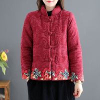 【CW】Winter National Style Embroidery Thicken Short Coat Women Chinese Style Vintage Loose Padded Jacket Female Tradition Tang Suit