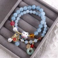 Blue Pearl Crystal Lucky Cat Pendant Jade Beaded Bracelet Bracelet Simple Ceramic Maneki Neko Retro Ethnic Style Bracelet