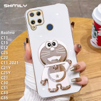 Shmily แฟชั่น Dingang เคสโทรศัพท์แมวยืนสำหรับ Realme C11 C15 C12 C25 C20 C11 C21Y C25Y C21 C35 C30หรูหราด้วยไฟฟ้าขอบตรงซิลิโคนนิ่มกันกระแทกฝาครอบโทรศัพท์