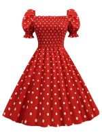 ผู้หญิงฤดูร้อนชุด Elegant Polka Dot พัฟแขนสแควร์คอยืดหยุ่นเอว Vintage Party Dress Midi Sundress Casual Beach