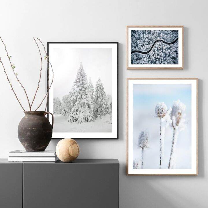 ฤดูหนาว-forest-snowy-mountain-lake-cabin-plant-wall-art-ภาพวาดผ้าใบ-nordic-โปสเตอร์และภาพพิมพ์ภาพพิมพ์ภาพสำหรับตกแต่งห้องนั่งเล่น