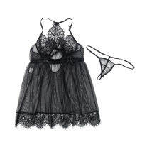 [Soul Dancing] ผู้หญิงขนาดพิเศษตาข่ายสีดำ Halter ชุดเดรสสั้นชุดชั้นใน2ชิ้น