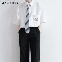 MAYCHEER    เสื้อคู่ชายเสื้อปักหลวมลำลองแฟชั่นแขนสั้นสีขาวเสื้อเชิ้ตฤดูร้อน