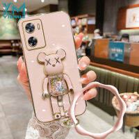 YiaMia เคสโทรศัพท์นิ่มสำหรับ OPPO A57 A77,A36 A76 A92 A96 A37 A39 A54 A73 A59 A55เคสนิ่มเคลือบอิเล็คโทรเพลทฝาครอบโทรศัพท์ TPU A83 A91 A93แฟชั่นน่ารักสีชมพูแฟลชหมีเคสมือจับสำหรับโทรศัพท์มือถือ + สร้อยข้อมือ6D