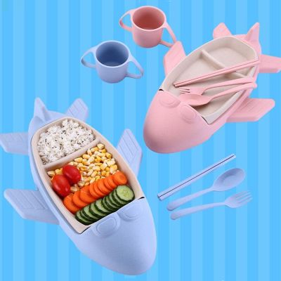 1set Creative Cartoon Plane Shape Baby Plate Dish, Plate Cup Folk Spoon Chopsticks, Children Gift Tableware,Kid Feeding Plate