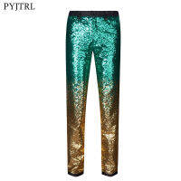 PYJTRL Men Gradual Change Pants Gold Purple Blue Pink Green Sequins Stylish Slim Fit Party Wedding Banquet Nightclub Singers Tro