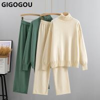 【DT】hot！ GIGOGOU Turtleneck Sweater Fashion Knit Piece Loose Pant Set Soft Warm lady Oversized Tracksuit