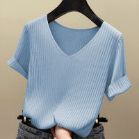 Tshirt Women Short Sleeve Knitted Top V Neck T Shirt Korean Style Summer Fashion Slim Basic Tee