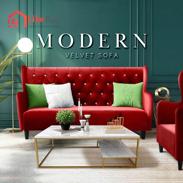 LIKE BUG Walternon Sofa Velvet Fabric High Back Wing Chair Lazada