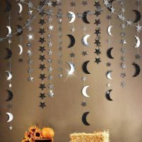 Lennie1 4M Black Silver Moon Star Garland Decorations Glitter Outer Space Birthday Party Hanging Wedding Twinkle Baby Shower