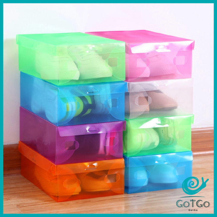 gotgo-แผ่นกล่องใส่รองเท้าพลาสติกใส-กล่องจัดระเบียบ-กล่องรองเท้าพับได้-กล่องรองเท้า-colour-transparent-shoe-box-มีสินค้าพร้อมส่ง