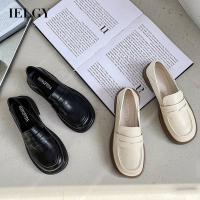 IELGY  รองเท้าไม่มีส้นแพลตฟอร์ม Preppy Black Round Toe สำหรับผู้หญิง