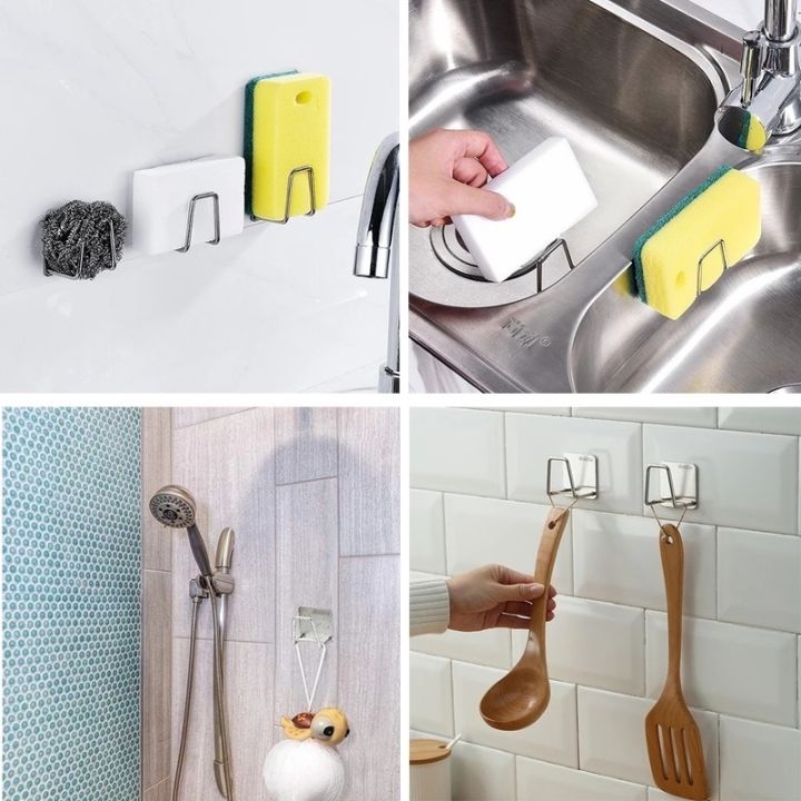 stainless-steel-sponge-holder-kitchen-wall-hanging-self-adhesive-storage-drain-rack-multifunction-organizer-hooks