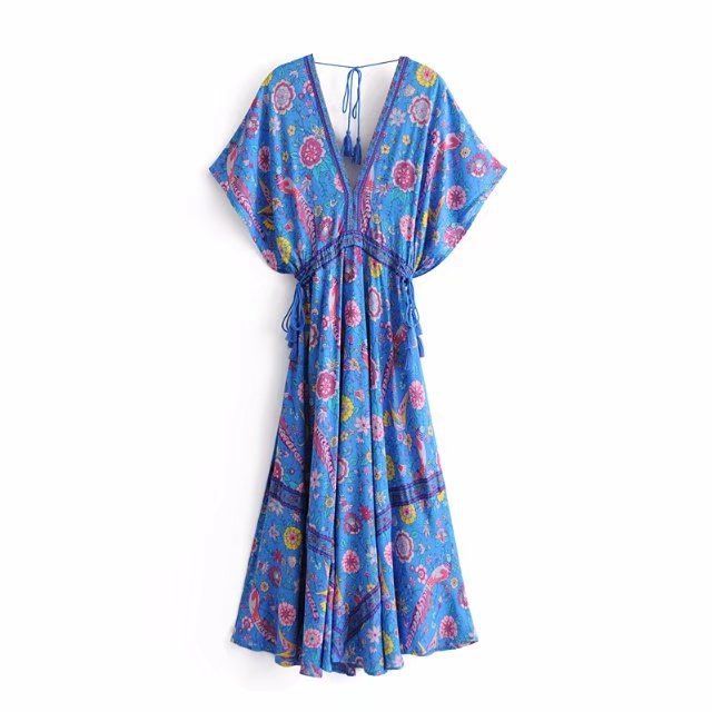 2021Vintage Chic women peacock Floral print bat sleeve beach Bohemian maxi dresses robe Ladies V-neck Tassel Summer Boho dress