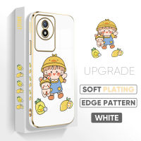 เคส PMP Y02A เคสสำหรับ Vivo Y02T ฟรีสายคล้องน่ารักหมวกสีเหลืองเด็กผู้หญิงลายการ์ตูนขอบสี่เหลี่ยมเคสโทรศัพท์ชุบหรูหราชุบเคลือบเคสโทรศัพท์นิ่ม