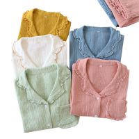 Spring Autumn Solid Color Pajama Set Women Soft Gauze Cotton Full-Sleeve 2Pcs Macaron Color Turn-Down Collar Household Sleepwear