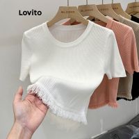 Lovito Casual Plain Raw Edge Knit Top for Women LNA07151 (White/Black)