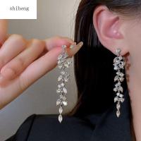 SHIHENG ต่างหูคริสตัลเซอร์คอน Anting Berlian Imitasi ประกายเพชรพู่ยาวทำจากทองแดงของผู้หญิง