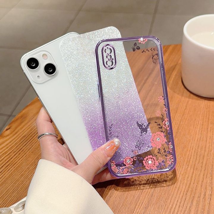 เคสกากเพชรสำหรับ-iphone-x-xr-xs-สูงสุด7-8-6-6s-se2-se3-se-2020-2022เคสโทรศัพท์ฝาหลังอ่อนนุ่มซิลิโคน-tpu-ยืดหยุ่นเคสกันกระแทกมือถือ-bling-ป้องกันชุบดอกไม้ไล่ระดับสี