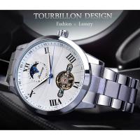 ZZOOI Forsining Classic Silver Tourbillon Automatic Mechanical Watch Men Roman Numeral Moonphase Clock Male Stainless Steel Wristwatch