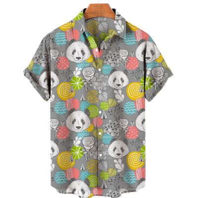 2023ใหม่ Camisas De Hombre เสื้อฮาวายน่ารักแพนด้าสร้างสรรค์3D ดิจิตอลพิมพ์ลายเสื้อเชิ้ตชายหาดเทรนด์สั้นเสื้อสำหรับผู้ชาย