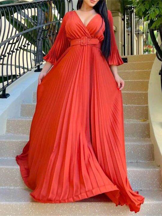 v-neck-pleated-dinner-party-dress-women-yellow-elegant-with-belt-long-sleeve-robe-femme-n-maxi-red-vestido