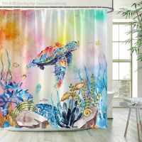 【CW】△  Animals Shower Curtains Watercolour Sea Turtles Underwater Scenery Curtain Fabric Hooks