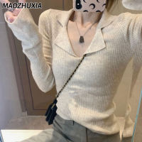 MAOZHUXIA เสื้อโปโลผู้หญิง,เสื้อเสื้อกันหนาวแบบถักโปโลสีทึบแขนยาว