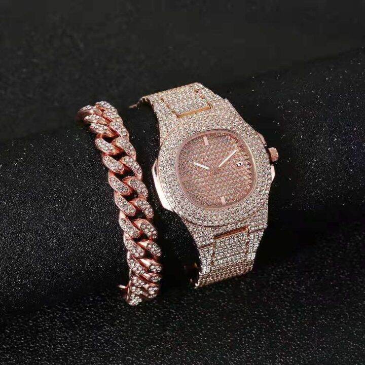 hot-seller-the-same-watch-for-men-and-women-cuban-bracelet-set-starry-hip-hop-diamond-encrusted-european-fashion-with-diamond-gold-trendy