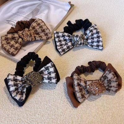【CW】 French Houndstooth Bow Rhinestone Hair Bands Women  39;s Rope Small Fragrant Accessories