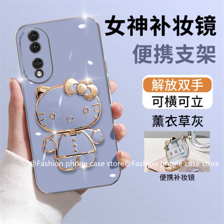 phone-case-เคส-honor90-honor-90-lite-5g-เคสลายการ์ตูนน่ารักเฮลโลคิตตี้ลูกอมชุบพร้อมกระจกแต่งหน้าพกพาได้ฝาครอบแบบนิ่มที่วางโทรศัพท์2023