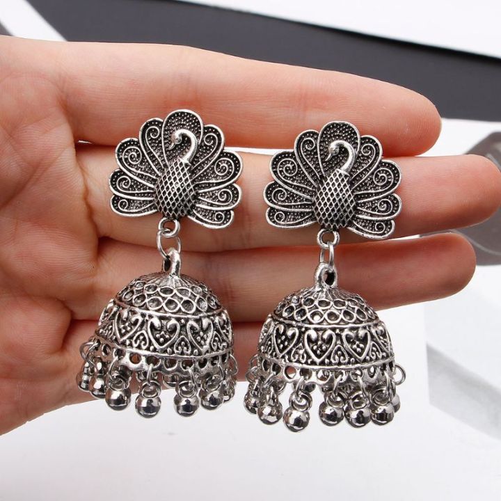 boho-vintage-นกยูง-jhumka-ชาติพันธุ์อินเดีย-bollywood-เผ่ายิปซีต่างหูระย้า