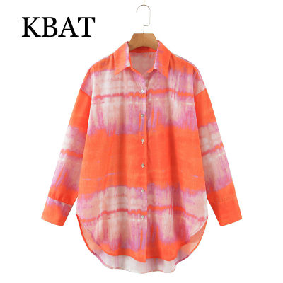 KBAT 2022 Spring Casual Tie Dye Shirt Women Turn-down Collar Long Sleeve Top Fashion Loose Blouse Single Breasted Elegant Tops