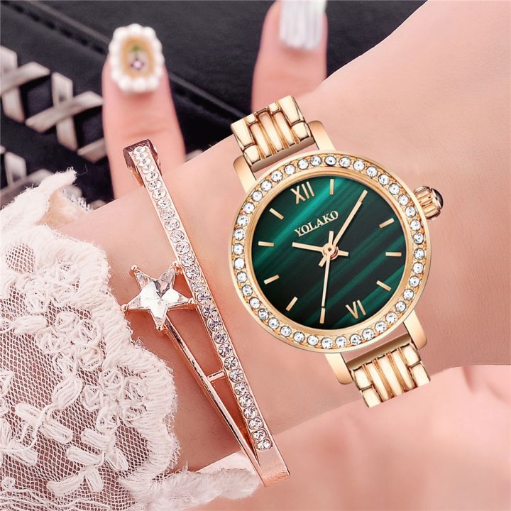 new-ladies-watch-diamond-case-round-women-watches-bracelet-watch-quartz-watch-student-casual-watch-small-green-watch-wristwatch