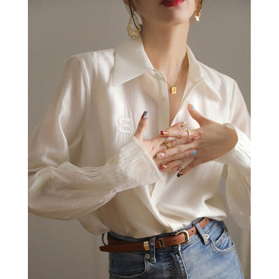 French Style Ga Grade White Shirt Womens 2023 Spring And Autumn Design Niche Chic Chiffon Shirt Tencel Top