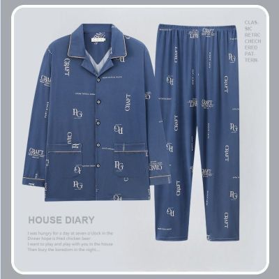 MUJI High quality 2023 new mens pajamas pure cotton long-sleeved trousers spring and autumn style middle-aged and elderly casual thin home clothes set