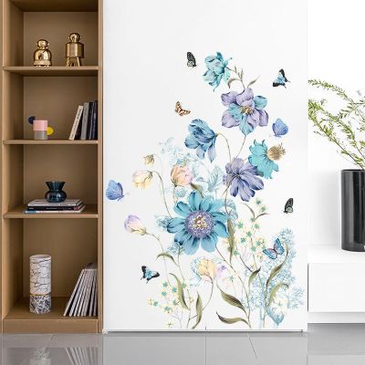 Large Blue Flowers Wall Stickers for Dining Room Bedroom Wall Decor Butterfly Vinyl Wall Decals Wallpapers for Home Decoration