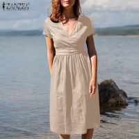 MOMONACO ZANZEA ชุดเดรสลำลองทรงหลวมสไตล์วินเทจ Kaftan แขนสั้น Sundress Midi Shirt Dress #15