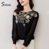 SNUG เสื้อเชิ้ตผ้าชีฟองปลายสูงสีดำสำหรับสตรี,เสื้อปักแฟชั่นสวยงาม2023เสื้อเชิ้ตแขนยาวลดอายุฤดูใบไม้ร่วง