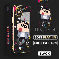 เคส PMP เคส Hp Itel เคส S23สำหรับ Itel S23ฟรีสายคล้อง + ตัวการ์ตูนน่ารักสีเทียน Shin-Chan ลายขอบสี่เหลี่ยมชุบเคสโทรศัพท์เคสโทรศัพท์นิ่มชุบหรูหรา